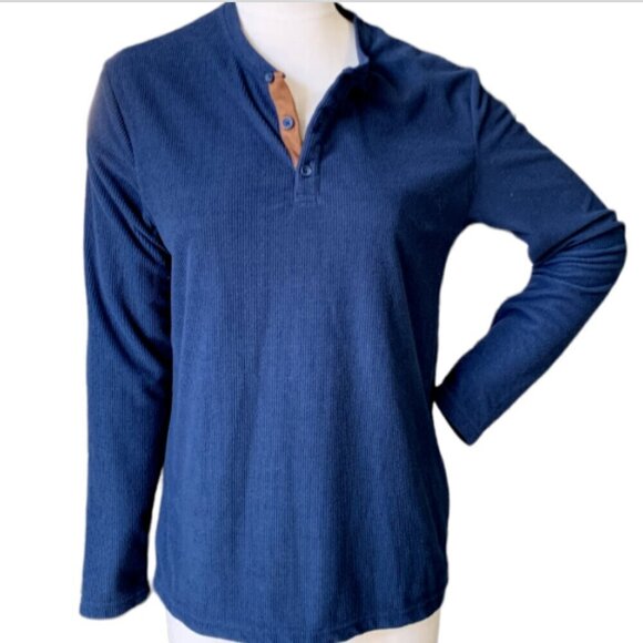 Truly M Slim Fit Henley Stretch Waffle Knit Top Blue 71F - Picture 1 of 6